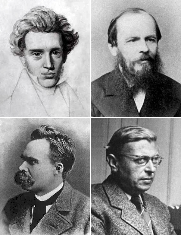 draws of four philosophers, kierkegaard, Tolstoy, Nietzsche, and Sartre